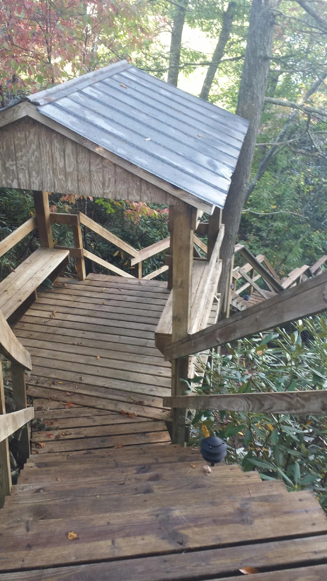 Metal roofed shelter over wooden steps on a wooded walkway — Skylight Repair & Installation work by our crew in Basalt